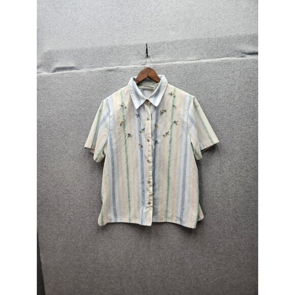 Alfred Dunner Petite 14P Womens Striped Embroidered Button-Up Blouse Short Sleev - Picture 1 of 5